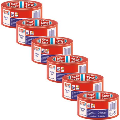 tesa 60760 nastro per marcatura pavimenti in PVC morbido, confezione da 6, per etichettatura temporanea di aree di lavoro interne Rosso, 33 m x 5 cm ciascuno