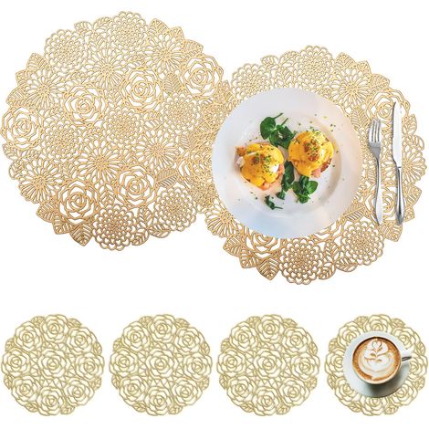 Set of 6 Set Table Rond et Dessous Verre Ronds, Set Table Rond évidé, Dessous Assiette Table, pour Tables Antidérapantes, Anti-Rayures, Décoratives (Doré) (1/5)