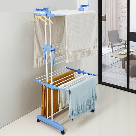 Aqrau Séchoir à aile pliable à trois couches à deux pôles bleu et blanc (75-126) 64 170cm (1/5)