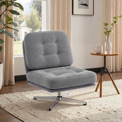Drehbarer Akzentstuhl, gepolsterter Lesesessel mit Chenille, breitem Sitz, Federkissen und Metallbeinen, Hellgrau