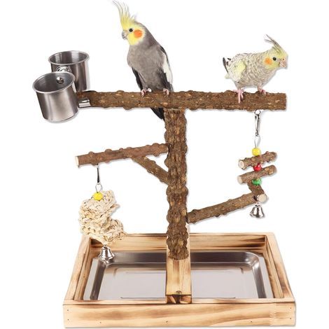 Wooden Bird Play Stand, Stainless Steel Tray, Gymnastics Toys, Perch for Parakeets and Parrots (1/5)