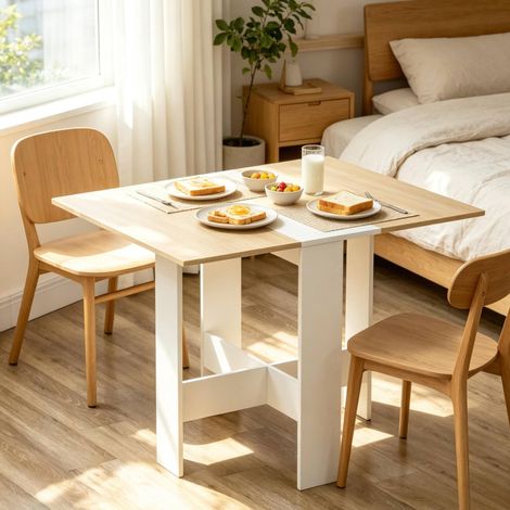 Table pliante de cuisine rabattable en MDF blanc et bois clair, table à manger gain de place avec 2 abattants, bureau compact pour petit espace - CHICFURN (1/5)
