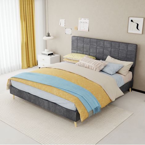 Cama doble 160x200 cm gris con cabecero tapizado de tela, sin colchón MEUBLIV (1/5)