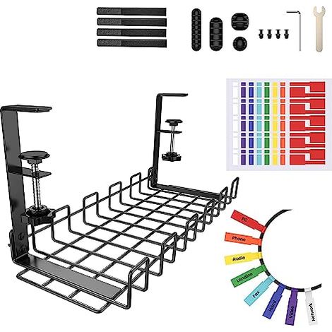 Bandeja para gestión de cables debajo del escritorio, organizador de cables de escritorio, almacenamiento de cables de escritorio, kit de bandeja para gestión de cables de escritorio (negro)