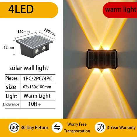 (1 lampe solaire murale extérieure à 4 LED, lumière chaude, étanche, éclairage vers le haut et vers le bas, pour balcon, cour ou jardin). Décoration murale extérieure. (1/5)