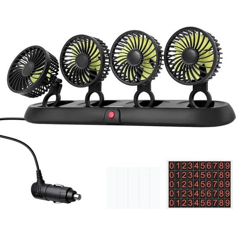 Ventilador portátil de 4 cabezales para coche: 3 velocidades,rotación de 360°,enchufe para encendedor de cigarrillos,autocaravanas y SUV (1/5)