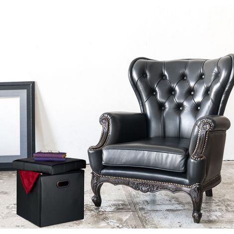 Relaxdays Hocker, Sitzhocker Stauraum, gepolstert, faltbar, HBT: 39x37x37 cm, Kunstleder, Sitzwürfel Wohnzimmer, schwarz