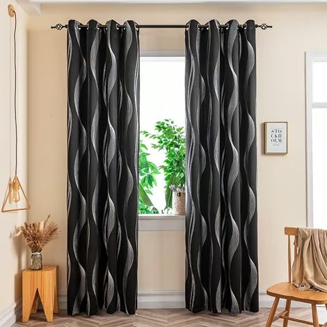Rideaux occultants en polycarbonate, rideaux à œillets imprimés de rayures ondulées en feuille d'aluminium, noirs
