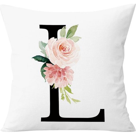 Housse De Coussin Carré - Lettre Alphabétique Imprimée Unilatérale - Fond Blanc Avec Fleur - Fermeture Éclair - 45 X 45 Cm - 1 Pièce (1/4)