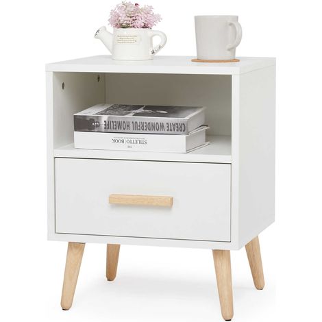 Table basse avec tiroir et compartiment ouvret, Table de chevet en bois,1 tiroir et niche de rangement-,Blanc-Mondeer (1/5)