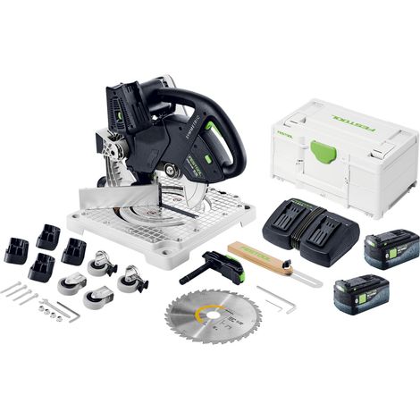 Festool SYMC 70 EB-Basic SYMMETRIC Akku Leistensäge 36 V ( 2 x 18 V ) 216 mm + 2x Akku 5,0 Ah + Doppelladegerät + Systainer