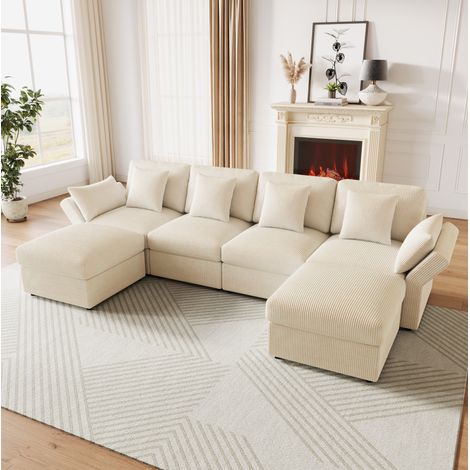 Divano angolare a U 6 posti in velluto a coste beige, modulare con braccioli regolabili e pouf removibile (1/5)