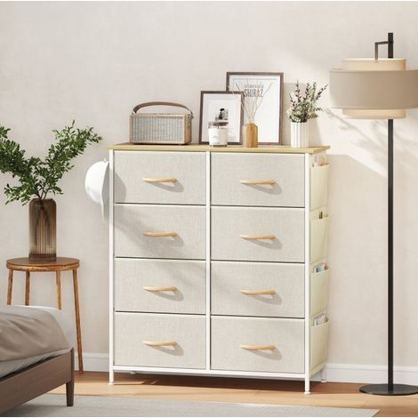 Cómoda de dormitorio de 8 cajones de tela, estructura de acero, tablero efecto madera, beige (1/5)