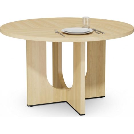 FurnitureR Table ronde de 120 cm effet chêne clair avec pied croisé ajouré en U, idéale pour créer un espace repas convivial de 4 à 6 personnes (1/5)