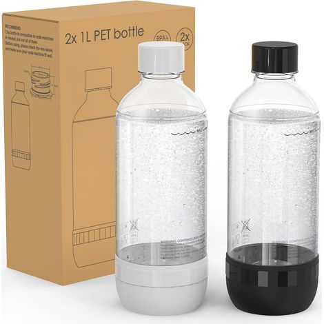 2 Bouteilles pour Machine à Soda, bouteilles d'eau gazéifiante en PET réutilisables et rechargeable pour machine à soda, 2 x 1L, noir et blanc (1/5)