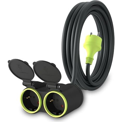 Extension Cable with Sockets for Outdoor Use Cable H05RR-F3G 1.5 mm² Double Extension Sockets Outdoor Way Electric Extension Cable Black/Green (1/4)