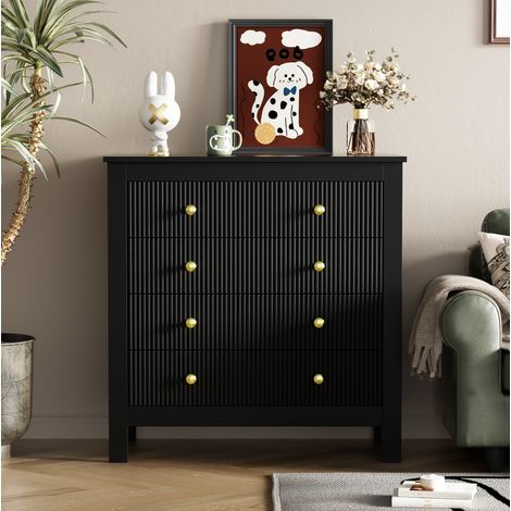Comò in truciolare nero con 5 cassetti testurizzati, maniglie dorate e gambe robuste 79 x 39,5 x 80,5 cm (1/5)