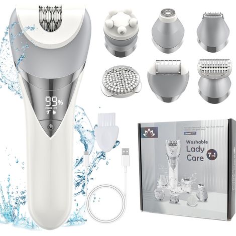 Épilateur pour femme, épilateur 7 en 1 pour femme, rasoir, bikini, rasoir pour le visage, brosse pour le visage, massage du visage et exfoliant pour le corps, IPX7 étanche et indolore, rasoir (1/5)