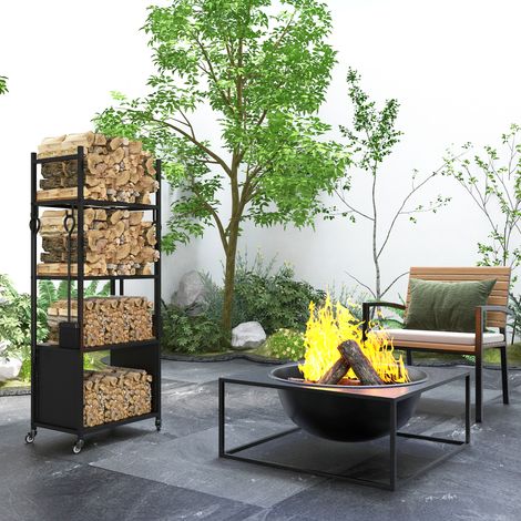 Leñero de 4 Niveles Soporte para Leña con Ruedas Pala Atizador Cepillo Tenazas para Interior Exterior 45x30x118 cm Negro (1/5)