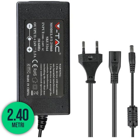 Fuente de alimentación para tira LED V-TAC, 78 W, 24 V, 3,65 A, Plug&Play, conector Jack 2.1, cable de 2,4 m con conector IP44