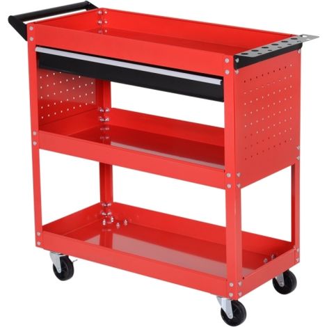 Red 3-Tier Tool Trolley Cart with Drawer, Ideal for Garage or Workshop Storage, Great for DIY Projects and Organizing Tools. (1/5)