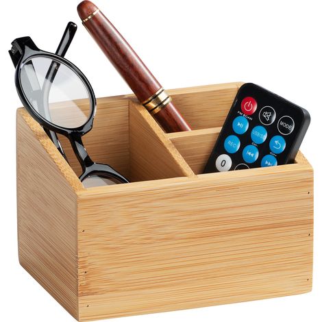 WENKO Organisateur Bambou Terra 3 Compartiments 12x8 cm Brun - Boîte de rangement bambou 2er Set pour salle de bain - Organisateur maquillage et accessoires - Rangement pratique et élégant