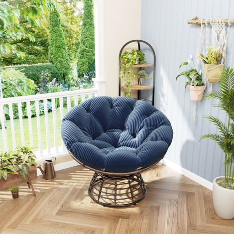 Fauteuil papasan rotin ergonomique pivotant 360° intérieur extérieur matelas confort pour salon chambre lecture cadre marron coussin bleu marine (1/4)