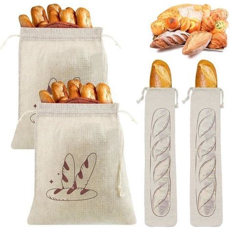 4 Pièce Sac a Pain Longue Conservation, Sac à Pain en Lin avec Cordon de Serrage Sachets à Pain 31x38cm/64x16cm Réutilisable (1/5)