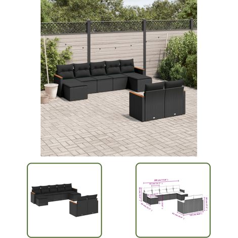 The Living Store 9-tlg. Garten-Sofagarnitur mit Kissen Schwarz Poly Rattan - Gartensofas - Outdoor Möbel - Gartenmöbelset - Rattan Gartenmöbel - Lounge Set (1/3)