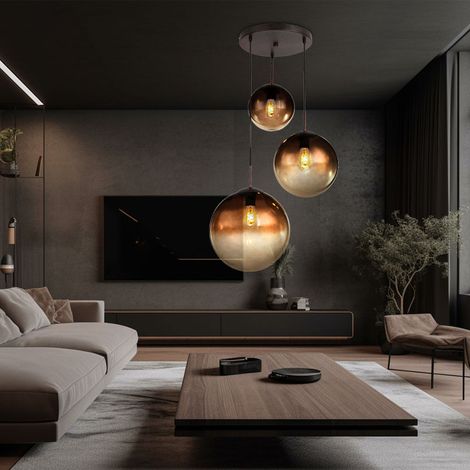 Pendelleuchte Hängelampe Esstischlampe Glas 3 flammig Glaskugel Hängelampe Glaskugel, Metall braun, 3x E27 Fassungen, DxH 51x120 cm