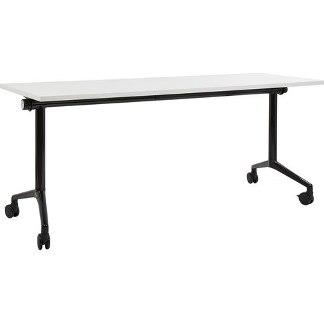 Escritorio rectangular moderno plegable con ruedas mesa móvil portátil estructura metálica 180 x 60 cm blanco y negro Cavi