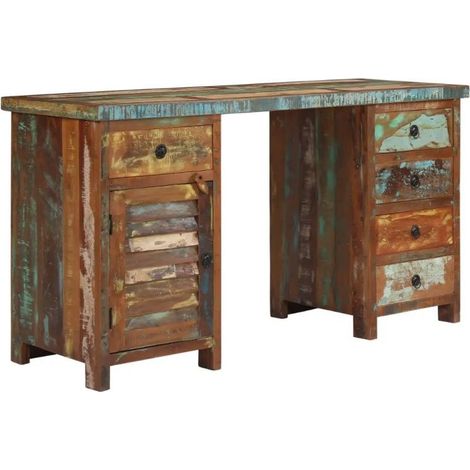 Bureau 5 tiroirs 1 porte bois massif recyclé laqué Moust