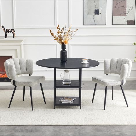 Conjunto de mesa de comedor con 2 sillas (107x107x75 cm), doble almacenaje, MDF y metal negro, tela gris claro (1/5)