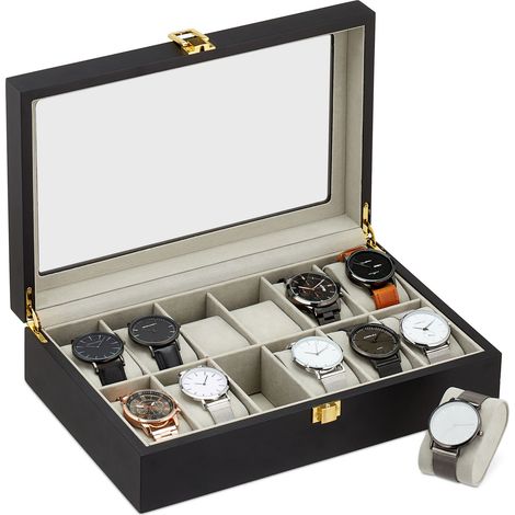 Relaxdays Scatola Porta Orologi, con Vetrina, Antigraffio, Fodera in Velluto, Legno, Cofanetto, HLP 8x31x20 cm, Nero (1/5)