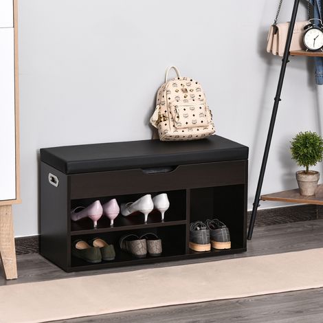 Platzsparendes, gepolstertes Schuhregal für den Eingangsbereich, Schuhschrank mit 3 Fächern, Sitzfläche aus PU-Leder, für Wohnzimmer und Flur, 80 x 30 x 43 cm, Schwarz