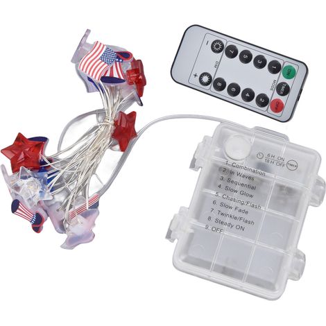 m lange LED-Lichterkette mit 50 Lichtern für den Unabhängigkeitstag, 8 Modi, Batteriefach, Dekoration mit amerikanischer Flagge, Sternen und Hüten (zufällige Auswahl), Batterien nicht enthalten, Fernb (1/5)