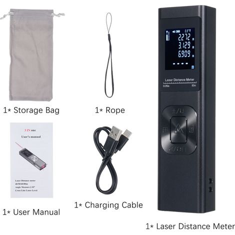 Télémètre Laser 3-in-1 - Mesure Distance/Volume/Angle - Alliage Aluminium ABS LCD avec Pythagore Marque LaserClassic 630-650nm p1mW 80m +90° - Aluminium ABS Noir - 12.3x3.2x1.9cm - Kit de 5 pièces (1/4)