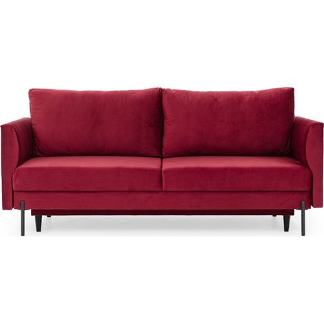 Canapé convertible en velours ROBBY – Rangement et pieds métal noir-Rouge cerise (1/5)