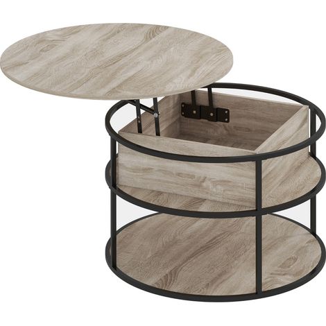 Runder Couchtisch mit Lift-Top, Stauraum, Seitenfächern, MDF, Eiche (1/5)