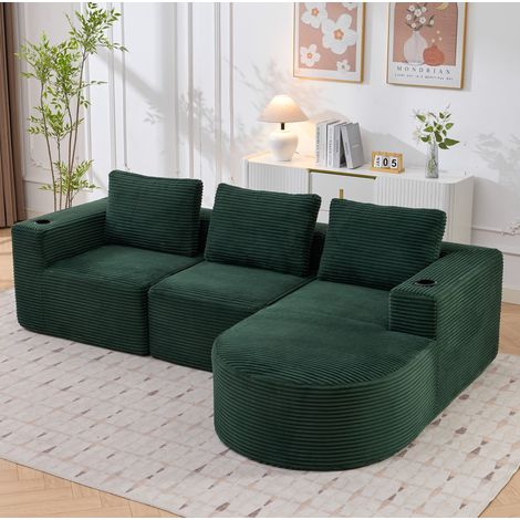 Canapé 265x176x60 cm vert rétro en polyester rembourré avec 3 coussins et 2 porte-gobelets (1/5)