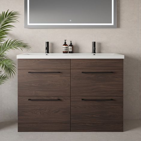 Napoli 390 Brown Oak 1200mm 4 Drawer Vanity Unit with Double Glide Basins - 1200mm - Matt Black 320mm Handle