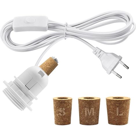 Bottle Lamp Kit, E27 Bulb Holder with 2.4 m Cable, Bottle Socket, Bottle Adapter, Includes 3 Soft Caps, Bulb Socket for Bottles, for DIY Lampshade, White (1/5)