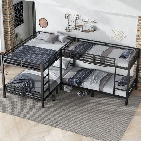 Etagenbett modern aus Metall in Schwarz 90x200 cm & 140x200 cm mit stabilem Lattenrost und 3-stufiger Leiter (1/5)