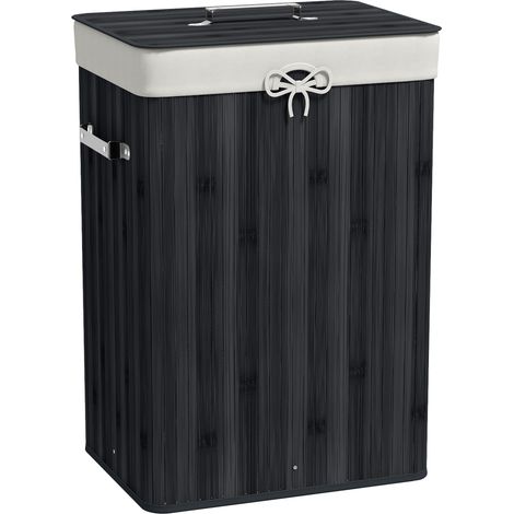 Panier à linge, corbeille à linge, panier à linge avec couvercle, sac en toile, bambou, pliable, 72 L, Noir, 40 x 30 x 60 cm (1/5)