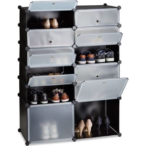 Meuble chaussures plastique étagère 12 casiers plug-in portes armoire rangement HxlxP: 125 x 94 x 37 cm, noir (1/5)