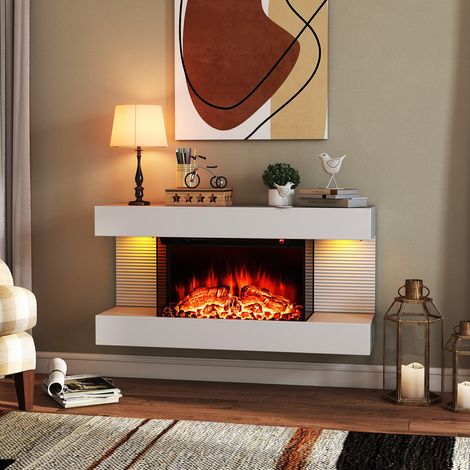Electric fireplace with heater & LED side lights Floating wall fireplace with remote control (1/5)