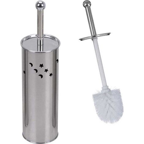 Portascopino a Cilindro da Terra con scopino da Bagno in Acciaio Cromato con Coperchio spazzolone per WC Toilette Argento decorato stelle e luna