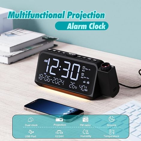 Radio Réveil Projecteur avec Projecteur Pivotant à 320°, Mode Jours Ouvrables/Week-End, 2 Alarmes, Chargeur USB Type C, FM, Variateur d'intensité, Température, Snooze, 12/24H (1/4)