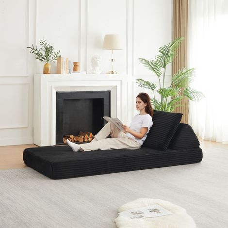 Canapé modulable convertible 211 cm en velours côtelé, dossiers triangulaires, accoudoirs amovibles, coussins d’assise allongés – Noir (1/5)