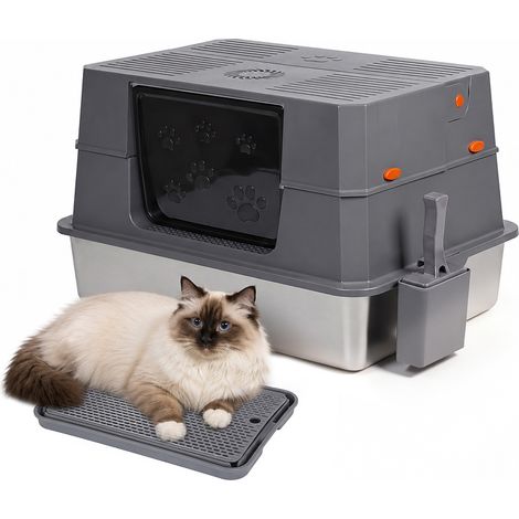 Jiubiaz Caja de arena XXL de acero inoxidable 71 x 51 x 43 cm semiabierta con puerta lateral gris negro (1/5)